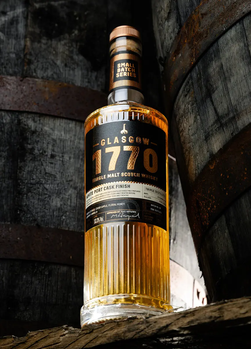 Glasgow Distillery 1770 Triple Distilled White Port Cask Finish Mood Shot